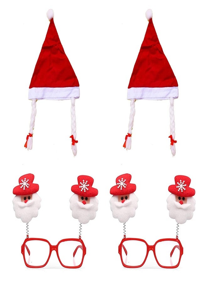 Partunay Set Of 2 Christmas Party Santa Claus Goggles With 2 Pcs Girls Braid Cap Christmas Costume for Kids Adults Christmas Xmas Party Props Favor Christmas Gift For Kids